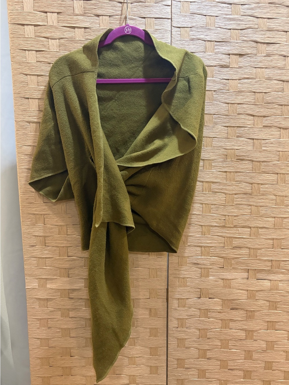 Moyuru Olive coat open front drape collar 100% wool oversized One Shoulder S/M